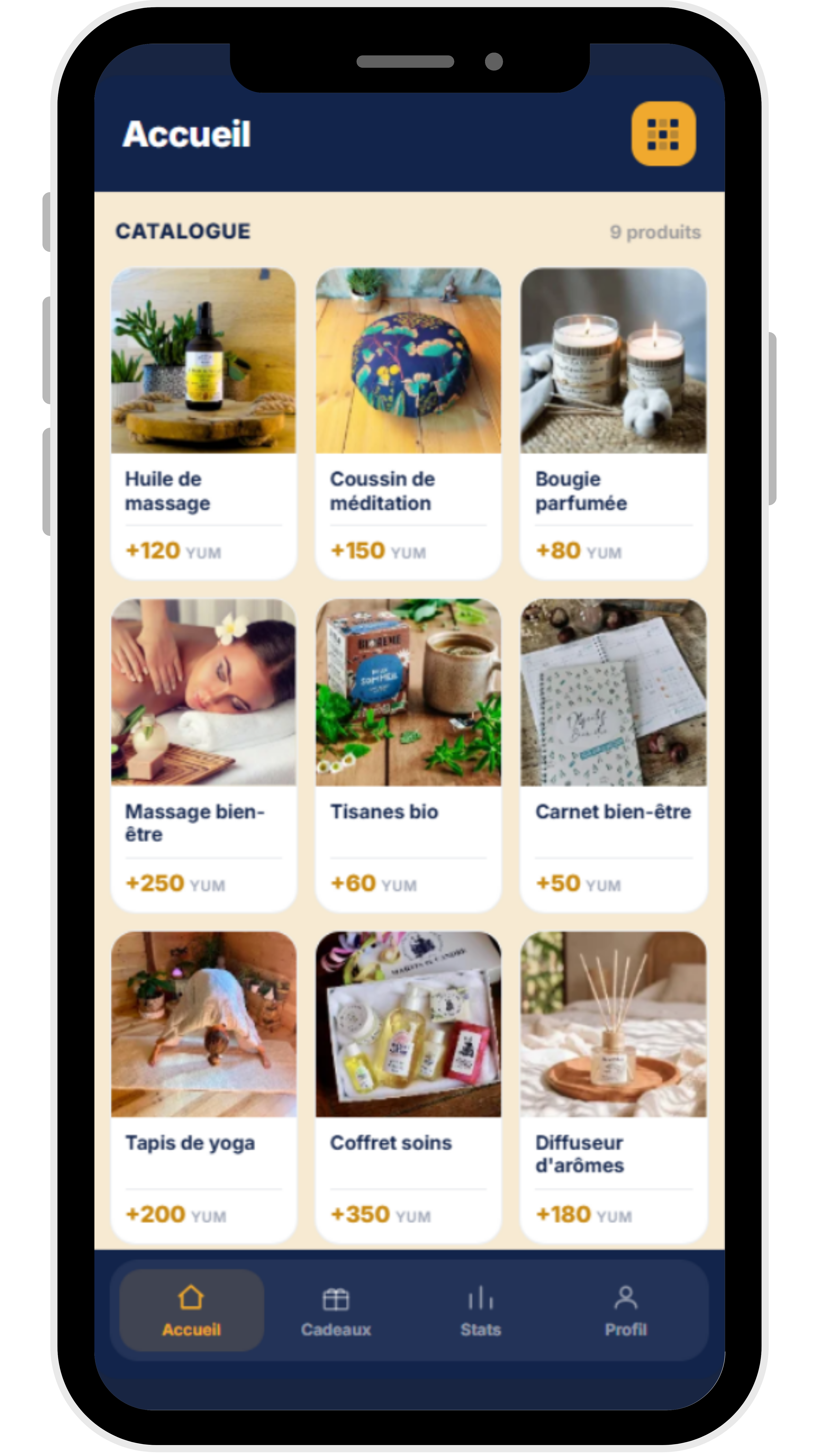 Écran de l'application LOYUM Partenaire — gestion des produits et récompenses