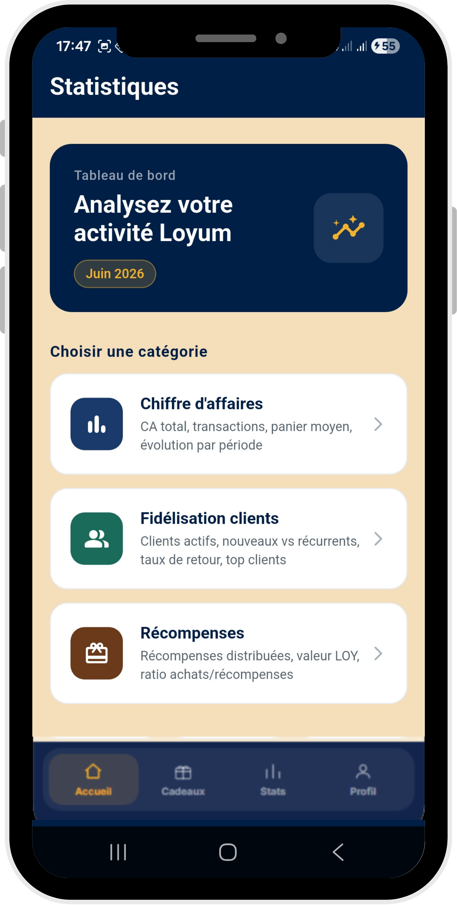 Menu de pilotage de l'application LOYUM Partenaire